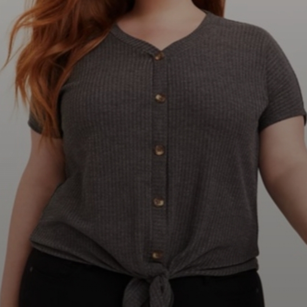 Torrid Casual Waffle Knit Gray Button-Down Tie-Front Short Sleeve Top 0X